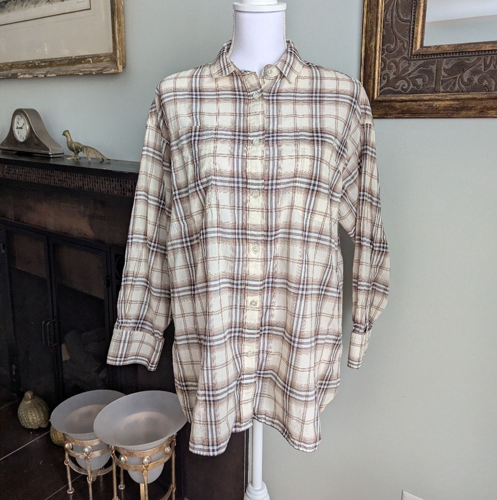 AMERICAN HOLIC Womens Oversized Medium Long Sleeve Button Up Beige Plaid 136